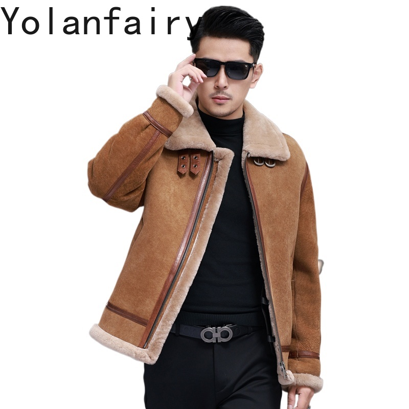 Men'S Fashion Zipper Jacket - YOLANFAIRY 高品質本物の羊皮レザージャケット男性冬暖かい天然ウール毛皮コート男性服ファッションメンズジャケット