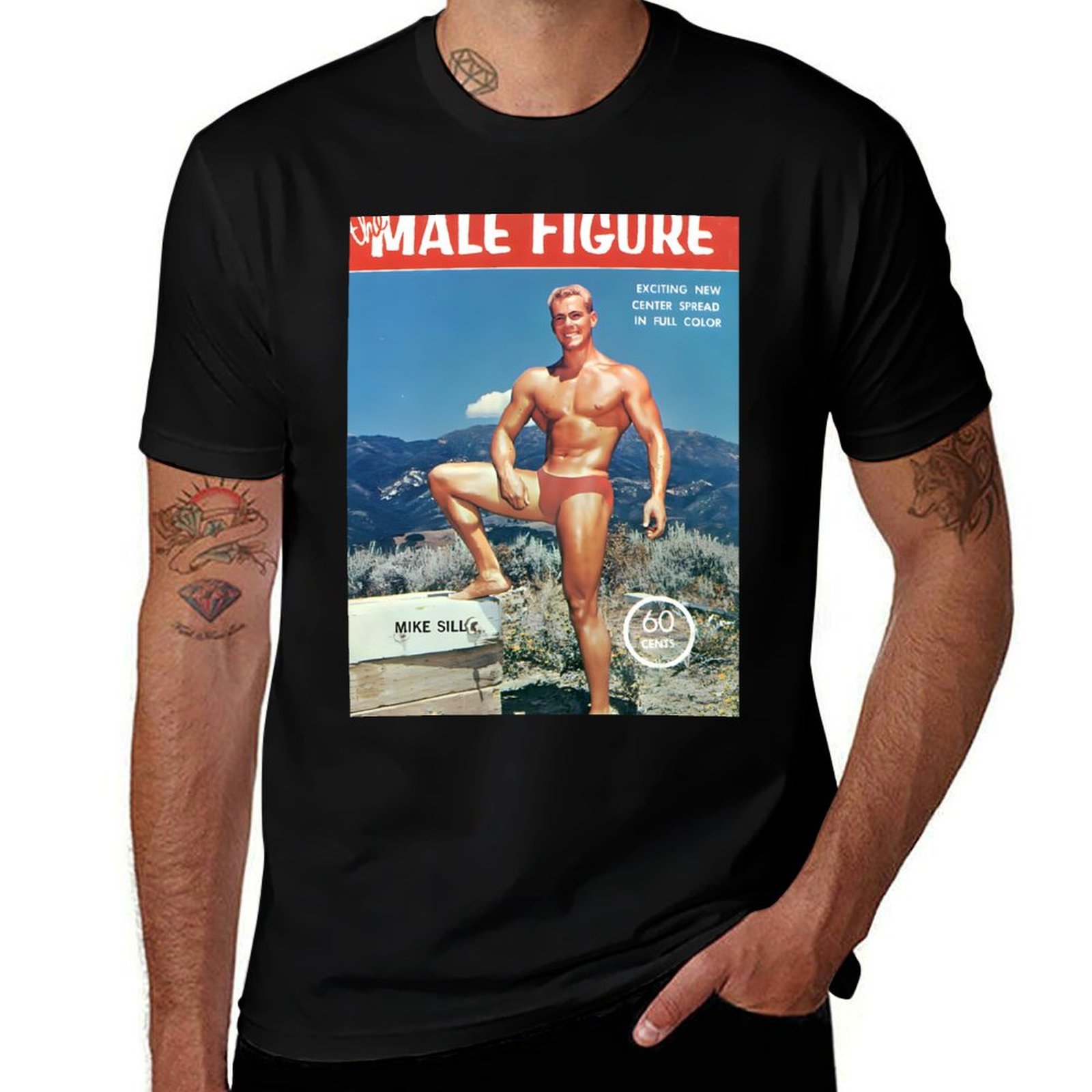 Mens Fashion Magazines - マイク・シルと男性像の絵柄 - ヴィンテージ風筋肉質男性モデル雑誌表紙Tシャツ 夏ファッションカジュアルTシャツ