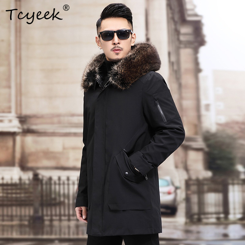 Men'S Fashion Zipper Jacket - Tcyeek スライバーフォックスファー襟付き冬用ジャケット メンズ 暖かいラビットファー裏地付き 取り外し可能なコート メンズ服