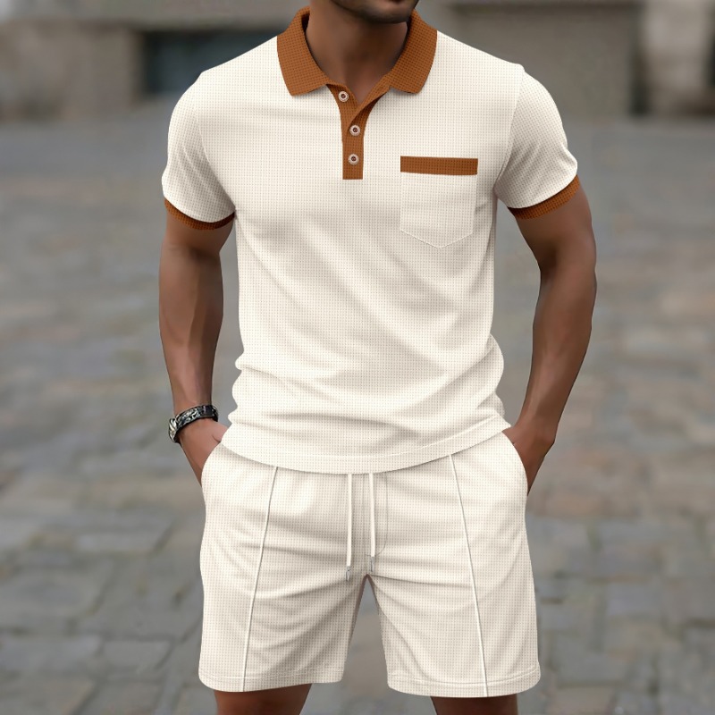 Men'S Fashion Essentials - 2026年最新夏メンズファッションカジュアルトレンドスポーツコントラストカラーシャツとドローストリングショーツの2ピースファッションカジュアルセット