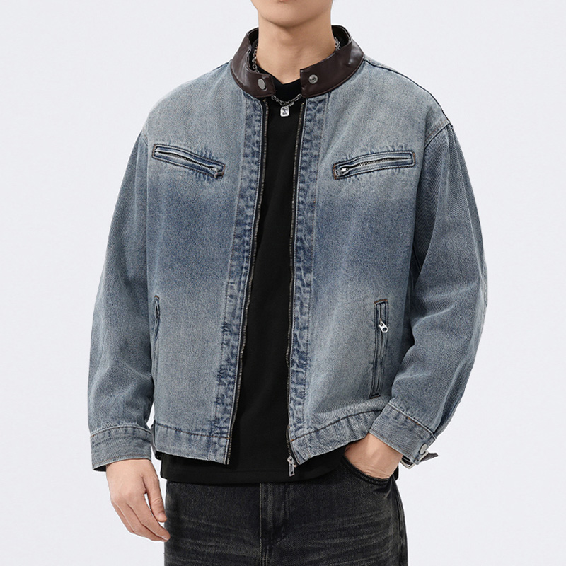 Mens Fashion Denim Jacket - スタンドレザーカラーデニムジャケット男性ファッションヴィンテージルーズカジュアルウォッシュコットンジーンズオートバイジャケット男性春秋コート