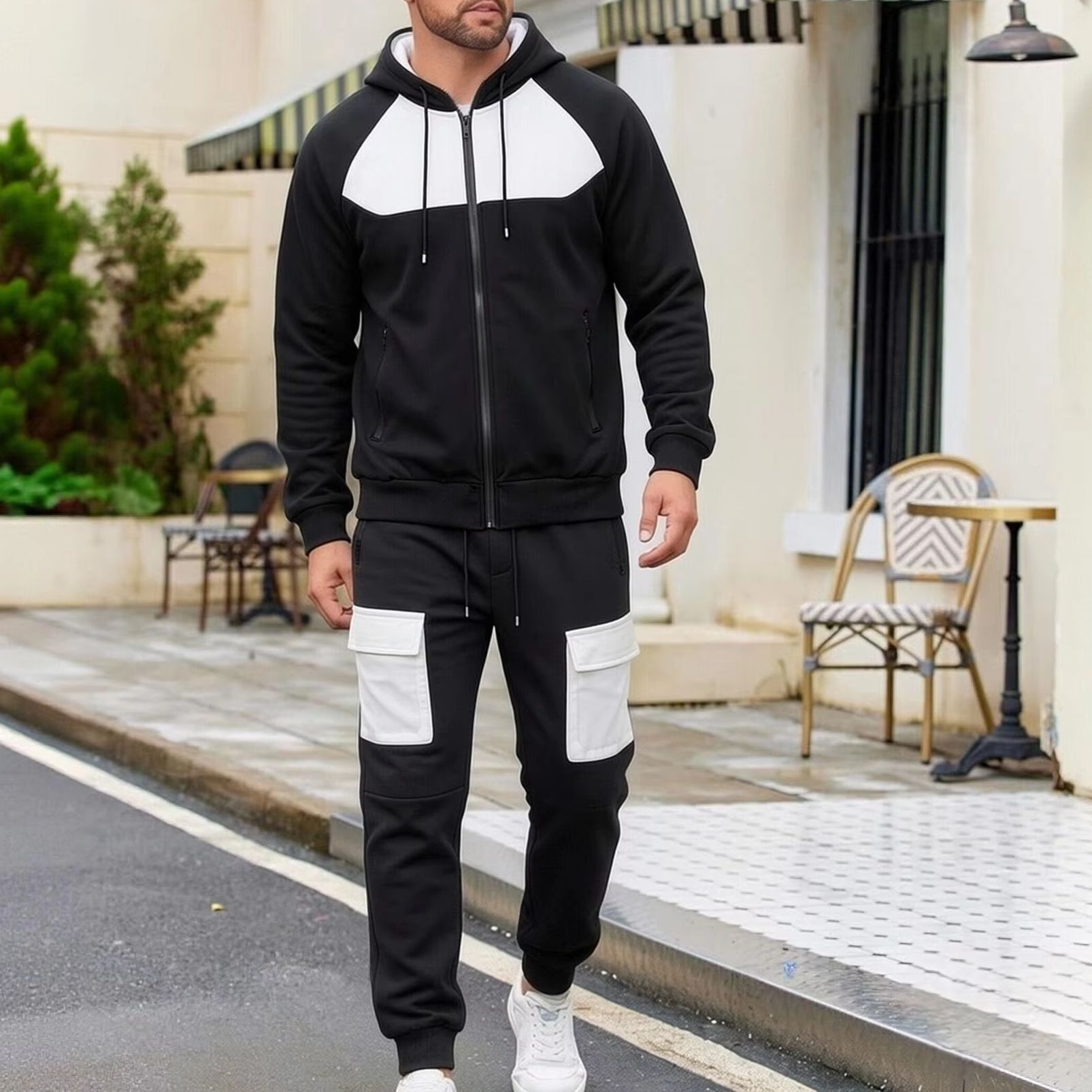 Cargo Jogger Pants - カラーブロック メンズ 2ピース トラックスーツ ジップアップ フード付きジャケット