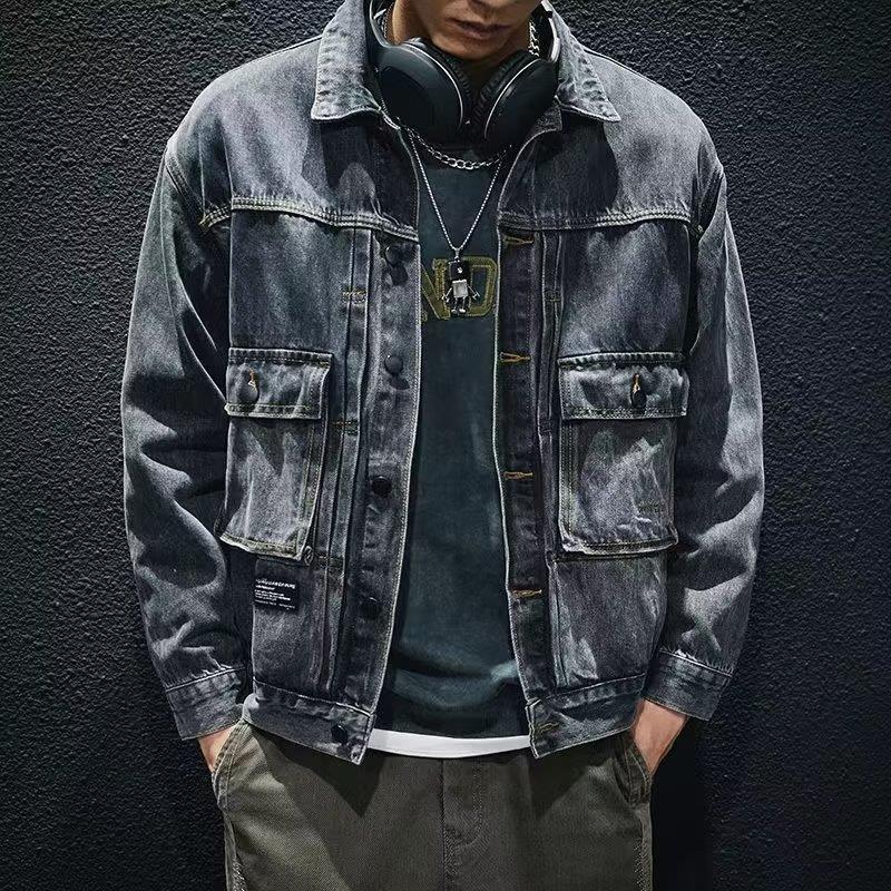 Mens Fashion Denim Jacket - 男性用の大きなポケット付きデニムジャケット,流行のレトロスタイルのコート,高品質,春と秋の服