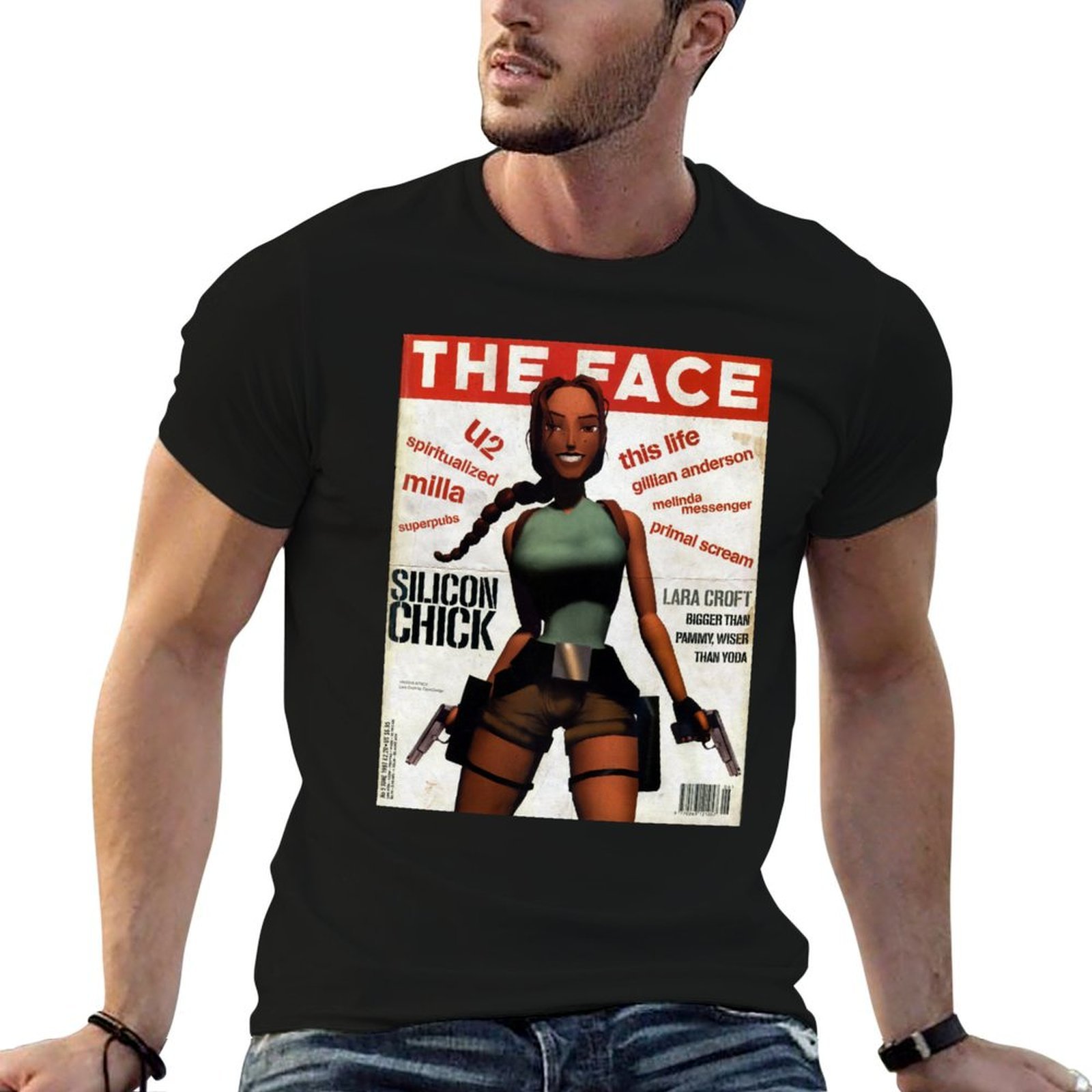 Mens Fashion Magazines - ララ・クロフト レトロマガジンプリント Tシャツ ファッションプリント カジュアル半袖
