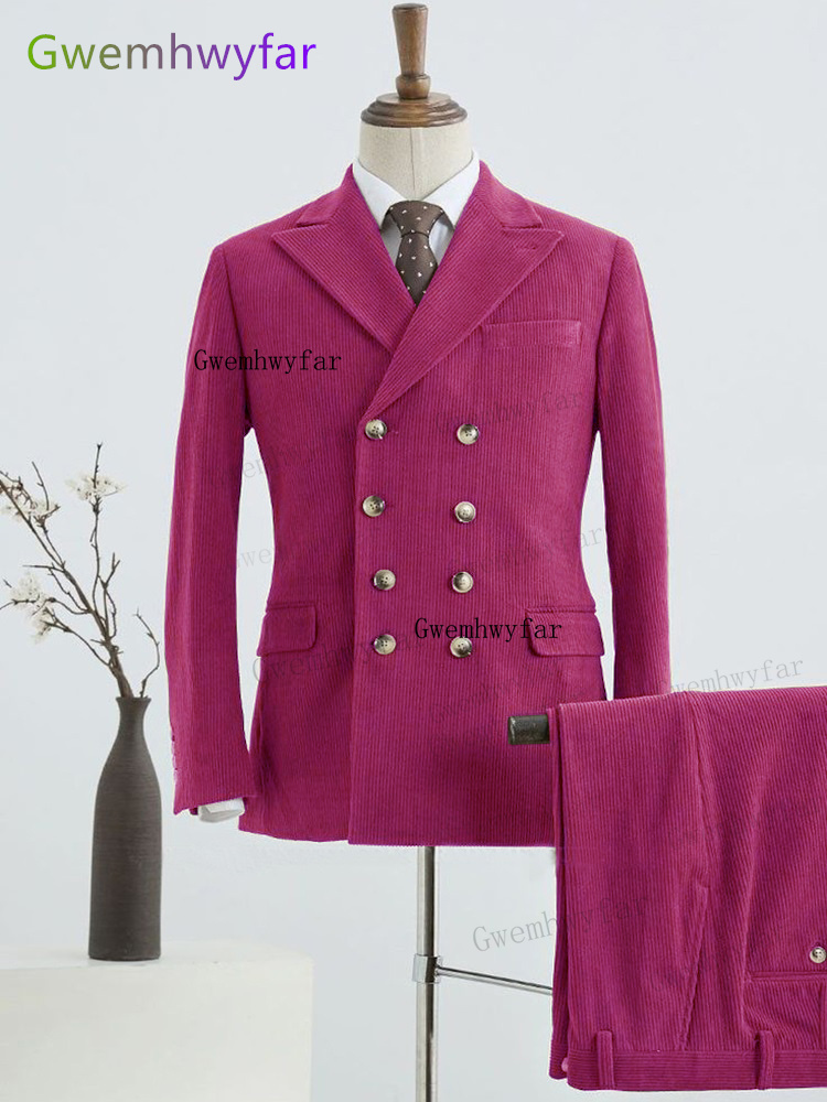 Corduroy Jacket Men - Gwenhwyfar-メンズコーデュロイブレザーとパンツセット、タキシード、ピークラペル、カジュアルパーティー、ウエディングスーツ、ローズ、ウィンターウェア、花婿付け添人、2個
