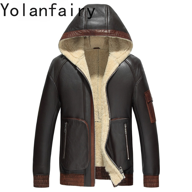 Men'S Fashion Zipper Jacket - YOLANFAIRY 天然ウール毛皮コート男性フード付き冬のファッション本物のシープスキンレザージャケット男性オートバイコートショート毛皮ジャケット