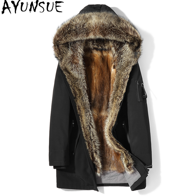 Men'S Fashion Zipper Jacket - AYUNSUE ファッション暖かいメンズ天然毛皮パーカー冬取り外し可能なミンクの毛皮ライナージャケット男性フード付きアライグマの首輪毛皮コート