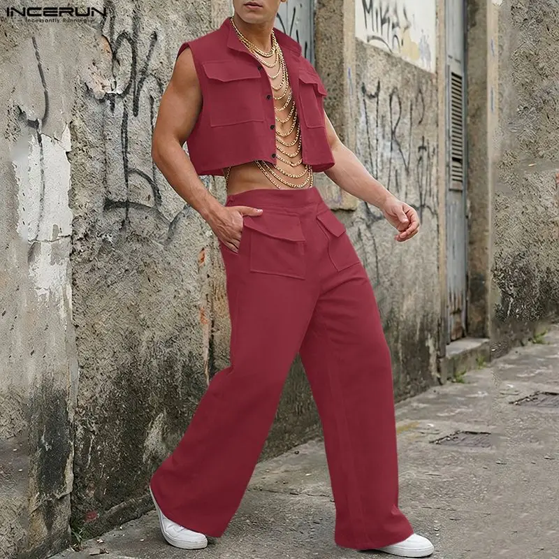 Mens Fashion Casual 2026 - INCERUN 男性セット固体ノースリーブクロップトップスシャツパンツ 2 ピースセットストリートルーズ 2026 ファッションメンズマッチングセットトラックスーツ