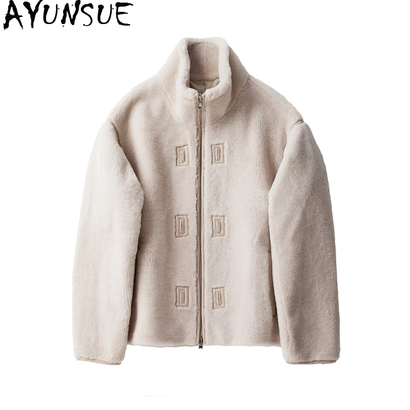 Men'S Fashion Zipper Jacket - AYUNSUE 天然メリノ羊ムートンジャケット男性 2025 秋冬ファッションリアルファーコートショートオートバイジャケットスタンドカラー