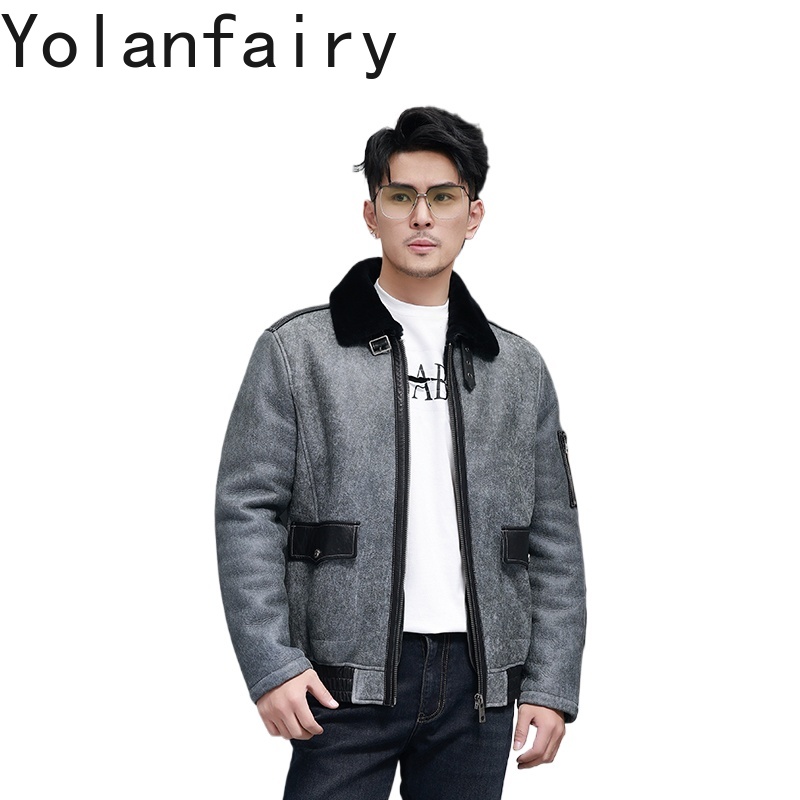 Men'S Fashion Zipper Jacket - YOLANFAIRY ショート天然毛皮コート男のファッション本物のシープスキンレザージャケット男性冬スリムフィット暖かい革毛皮ジャケット 2025