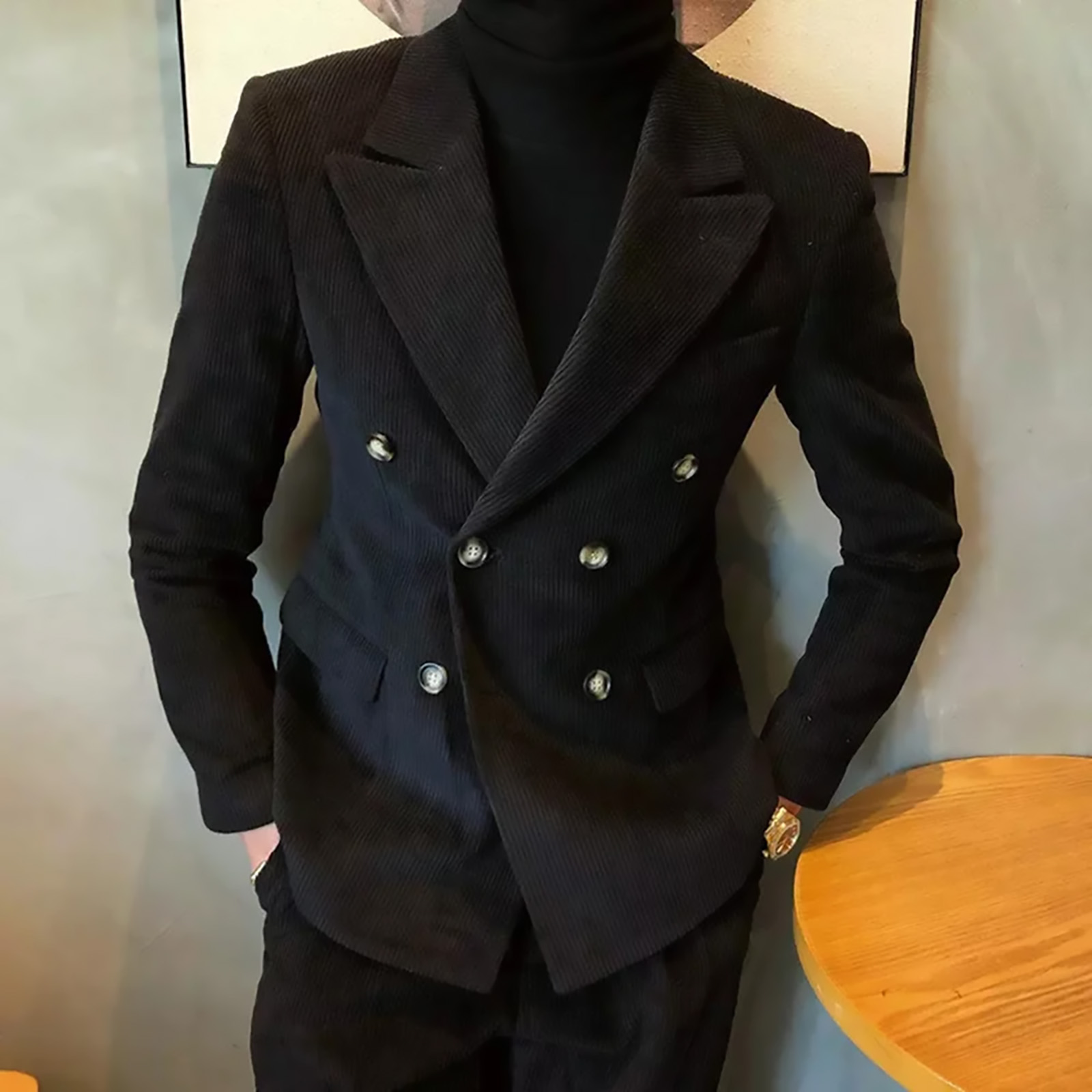 Corduroy Jacket Men - コーデュロイカジュアルピークドラペルスーツ メンズ スリムフィット ダブルブレスト ブラックタキシード ボーイズスーツ