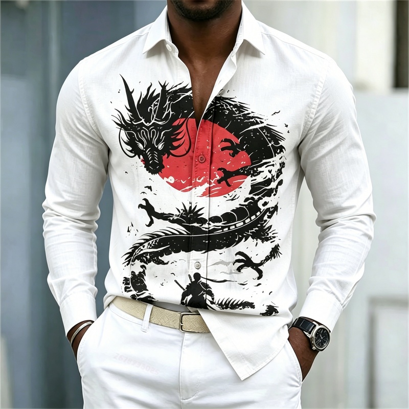 Mens Fashion Casual 2026 - 2026年新作 メンズシャツ 白黒赤のコントラスト ドラゴン柄シャツ ストリートスタイル ファッション