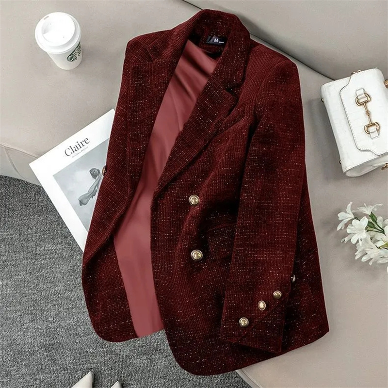 Corduroy Jacket Men - 黒のコーデュロイスーツジャケット女性のための秋冬厚手の綿入り気質コートエレガントカジュアルスーツジャケット社交界の女性