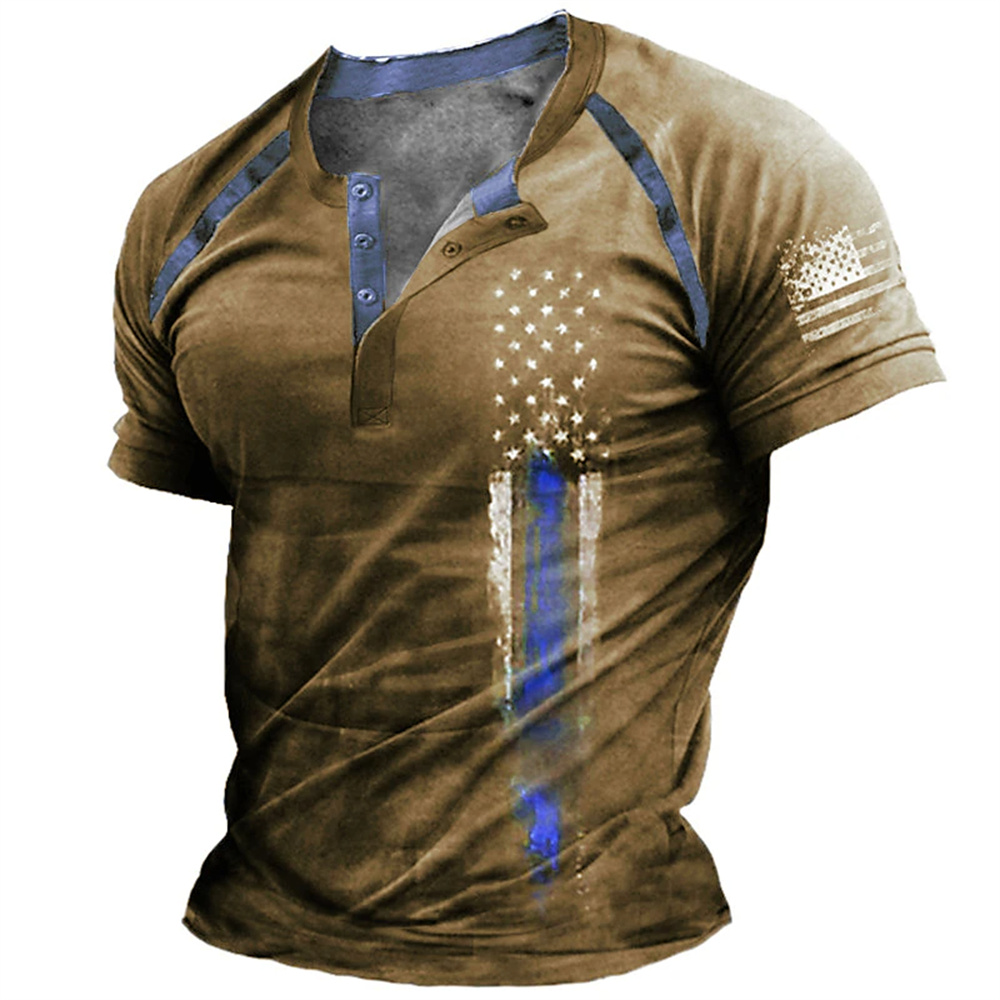 Men'S Fashion Essentials - 面白い 3D アメリカ国旗プリントメンズヘンリーシャツファッションヘンリーカラー半袖トップス夏ストリートヴィンテージ服カジュアル Tシャツ