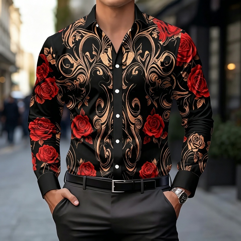 Mens Fashion Casual 2026 - 2026年新作メンズシャツファッションプリントシャツライトラグジュアリーレトロ柄スリムフィット長袖メンズビジネスカジュアルファッショントップス