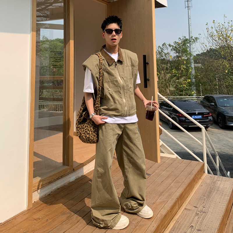 Men'S Fashion - アメリカのファッションブランドレトロデニムジャケットメンズ夏の新しいシルエットデザインショルダーベストルーズパンツセットファッショナブルでカジュアル