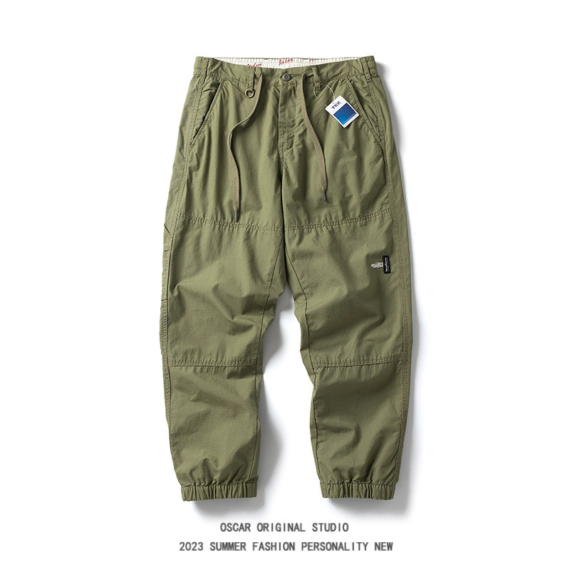 Cargo Jogger Pants - 和風トレンドブランドシンプル刺繍カーゴパンツ男性用春夏薄手カジュアルルーズウォッシュジョガーカットオフパンツ