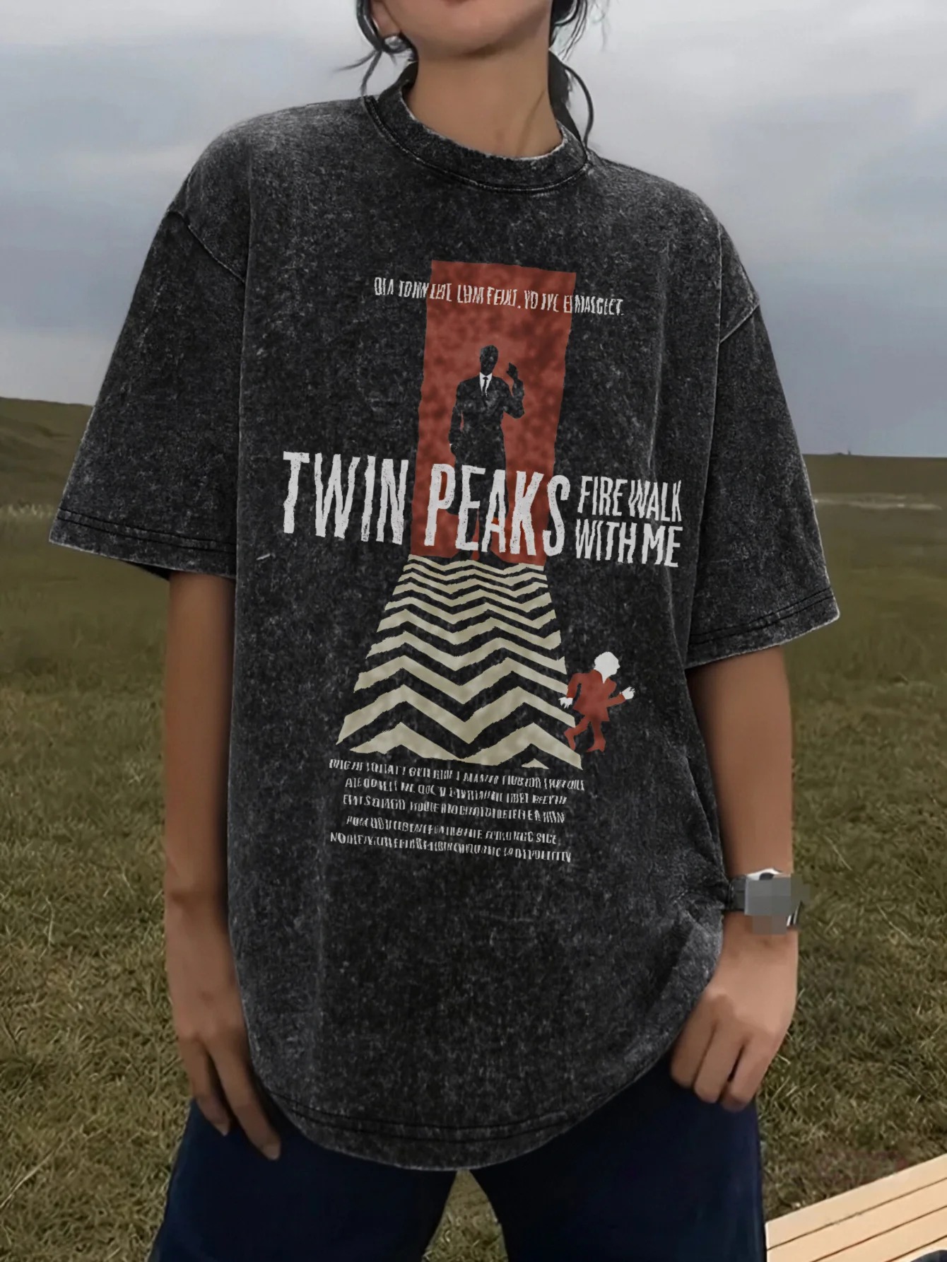 Poster Men Fashion - ツインピークステレビ番組ウォッシュドオーバーサイズ男性女性ラウンドネックコットン Tシャツポスターデビッドリンチ Tシャツ大人服ウォッシュド Tシャツ