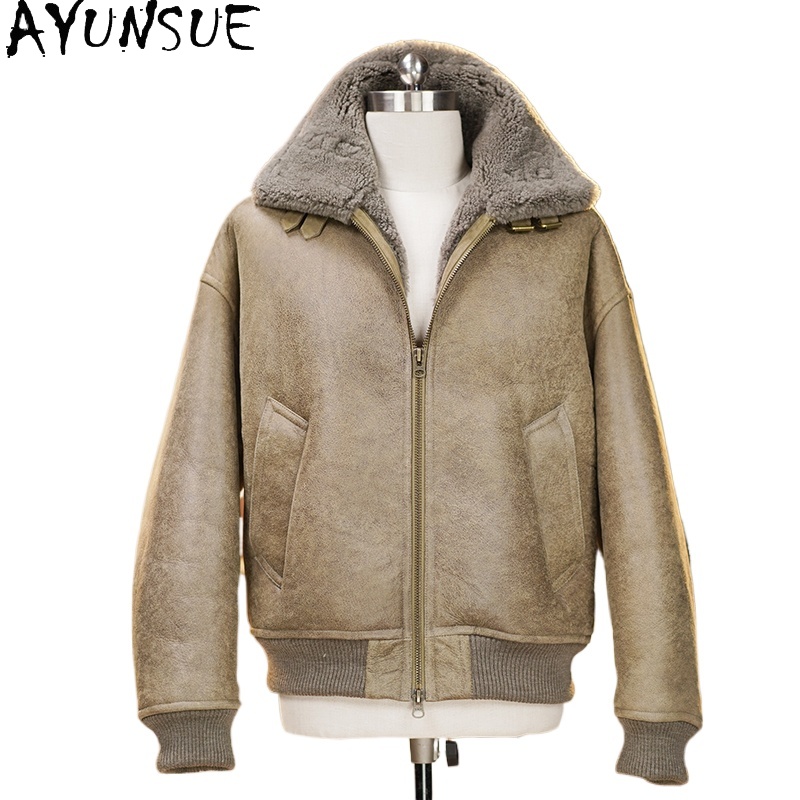 Men'S Fashion Zipper Jacket - AYUNSUE ハイエンド天然毛皮コート男性冬暖かい本物のシープスキンレザージャケット男のファッション 2025 オートバイリアルファーコート