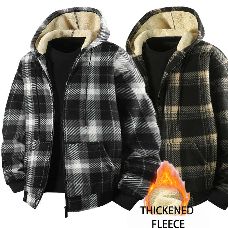 Men'S Fashion Zipper Jacket - 新作ファッションフリース裏地メンズカジュアルフード付きチェック柄シャツジャケット
