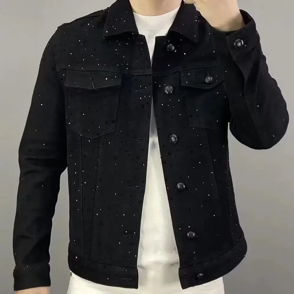 Mens Fashion Denim Jacket - メンズデニムジャケット,スリム,ショート,カジュアル,ブラック,ダイヤモンド,ルーズ,シックでエレガント,日本,ロックzl459,低コスト