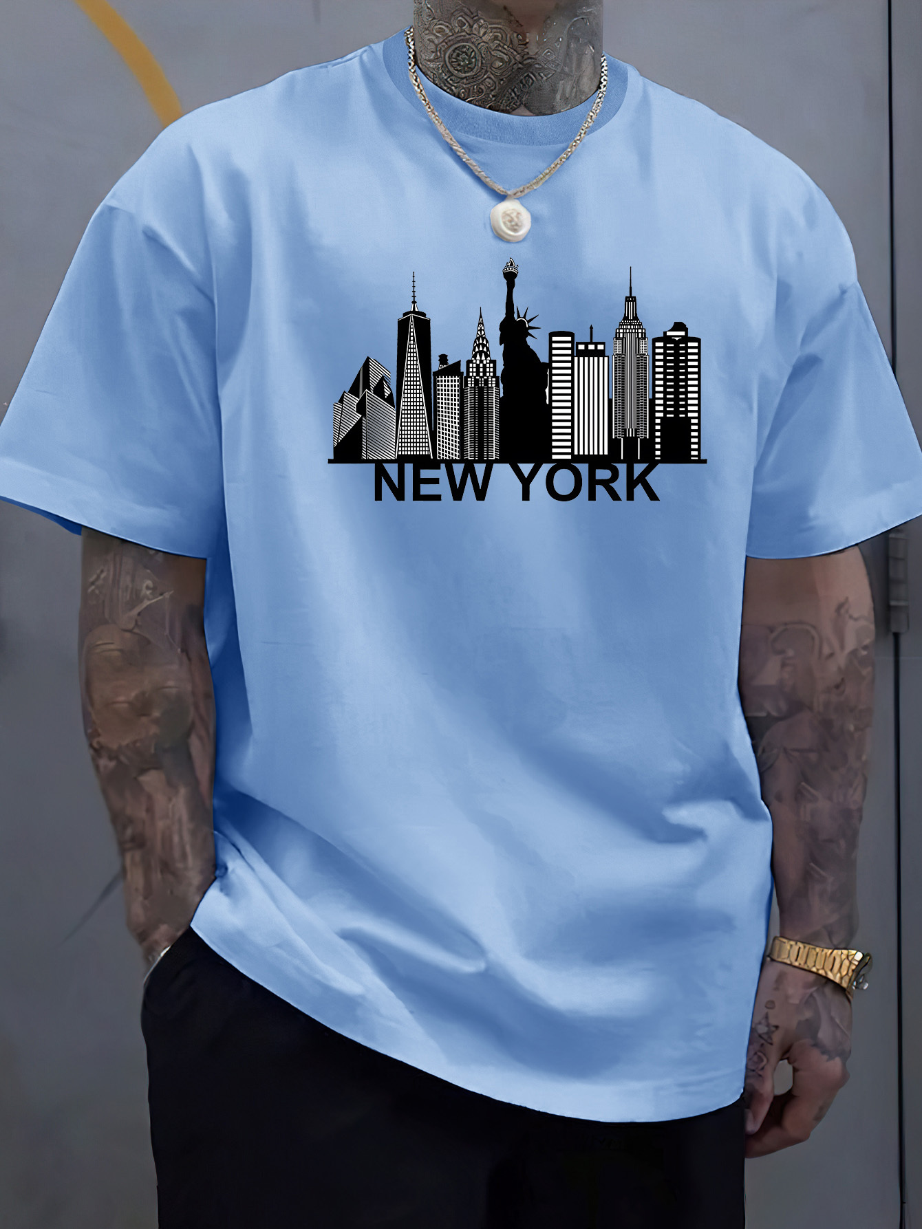 Men'S Fashion New York - コットン製メンズニューヨークシティ柄プリントファッショナブルカジュアルルーズスポーツラウンドネック半袖Tシャツトップ