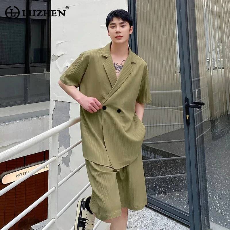 Mens Fashion Casual 2026 - LUZHEN ハンサムメンズ 2026 夏ソリッドファッションセットカラー ツーピース ダブルブレスト半袖シャツ
