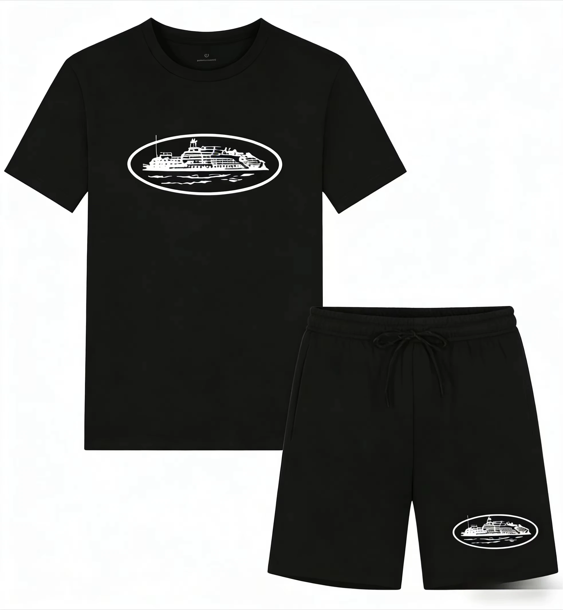 Men'S Fashion Essentials - 2026年夏新作 小型ボートプリント ツーピースTシャツ＆ショートパンツ ルーズラウンドネック 通気性ハーフスリーブ カジュアルファッションブランド