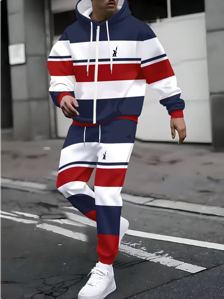 Men'S Fashion Zipper Jacket - メンズジップアップフーディートラックスーツセット ファッションカラーブロック フード付きジャケット ジョガーパンツスーツ ルーズカジュアルスポーツ 3Dプリント