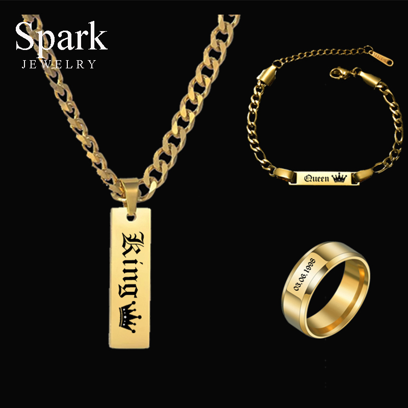 Men'S Fashion Jewelry Bracelets - 男性と女性のためのスパークパーソナライズされたジュエリーセット,太いチェーン,名前,日付,ネックレス,ブレスレット,リング,誕生日プレゼント