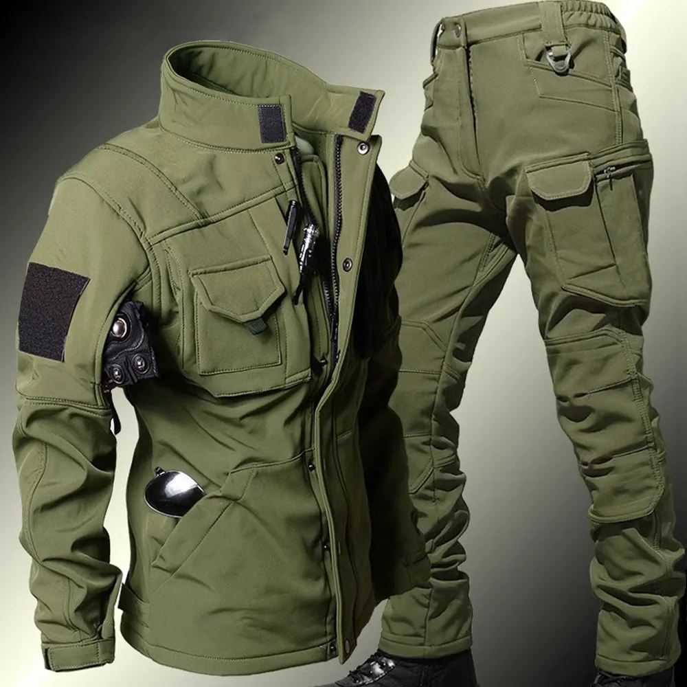 Corduroy Jacket Men - メンズタクティカルセット冬サメ皮ソフトシェル防風防水ジャケット暖かいフリースカーゴパンツ軍服