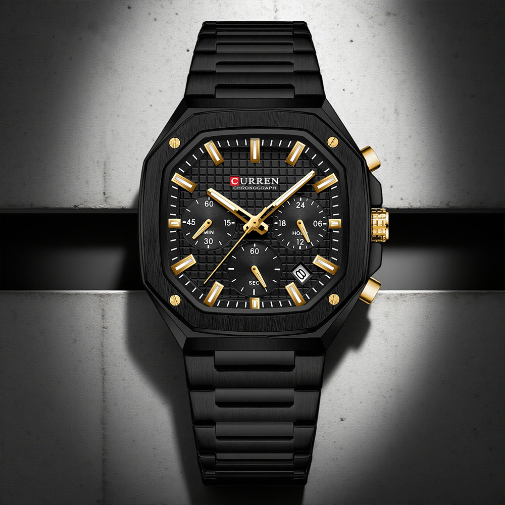 Fashion Mens Watches - CURREN 高級スクエアクロノ腕時計男性用クラシックデザインブラックダイヤルにゴールドアクセントファッションクォーツ腕時計発光針