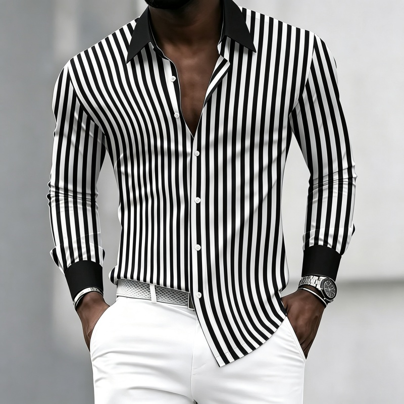 Fashion Mens Shirt - メンズ長袖襟付きシャツ、黒と白の縦縞、コントラストカラーと袖口デザイン、すっきりとしたスリムフィット。