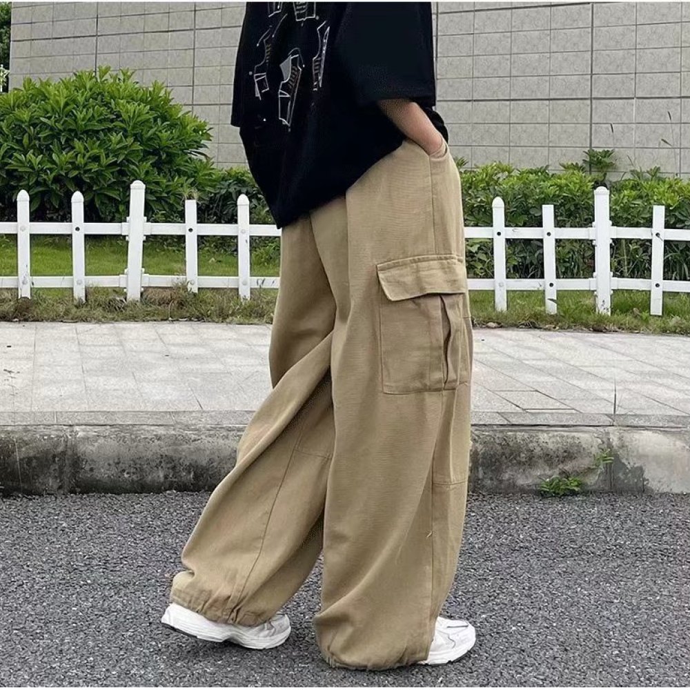 Cargo Jogger Pants - 日本のストリートウェアカーゴパンツ メンズ ルーズストレートレッグトラウザーズ カジュアルファッション ヴィンテージスタイル 快適なワイドレッグボトムス