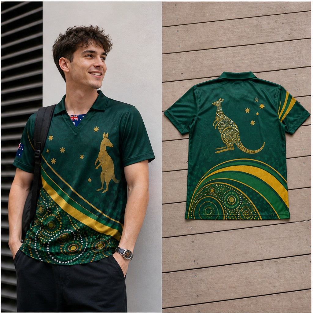 Mens Fashion Australia - メンズオーストラリアカンガルースターストライプセミポロVネックTシャツ半袖カジュアルストリートウェアトップス、モダングリーンゴールドスタイルトレンド