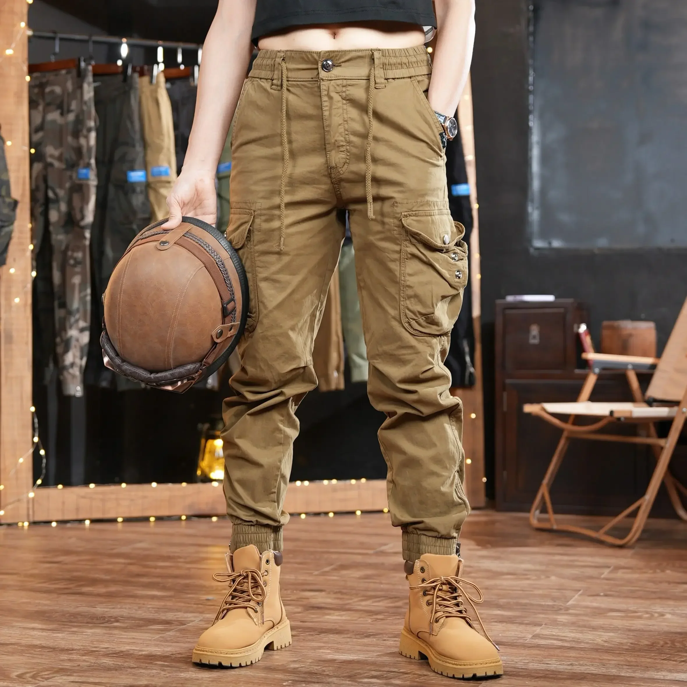 Cargo Jogger Pants - メンズマルチポケットアウトドアカーゴパンツ、khakiハイキングスリムパンツ、特大ストリートウェア、カジュアルスラックス、スラックスファッション、y2k