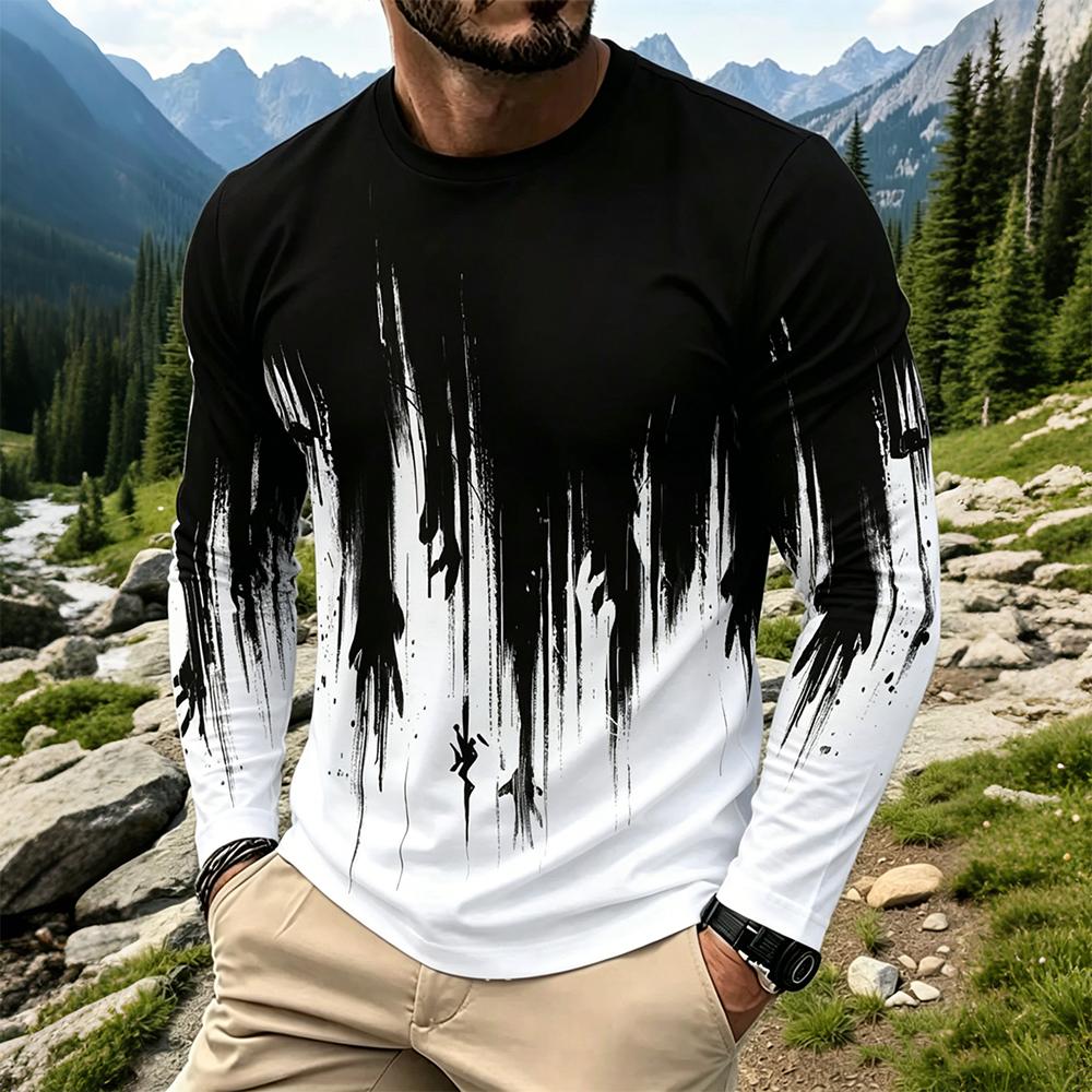 Fashion Mens Shirt - メンズグラデーションインクスプラッシュ長袖Tシャツカジュアルストリートウェアクルーネックトップス新作ファッション通気性プリントベースレイヤーシャツ