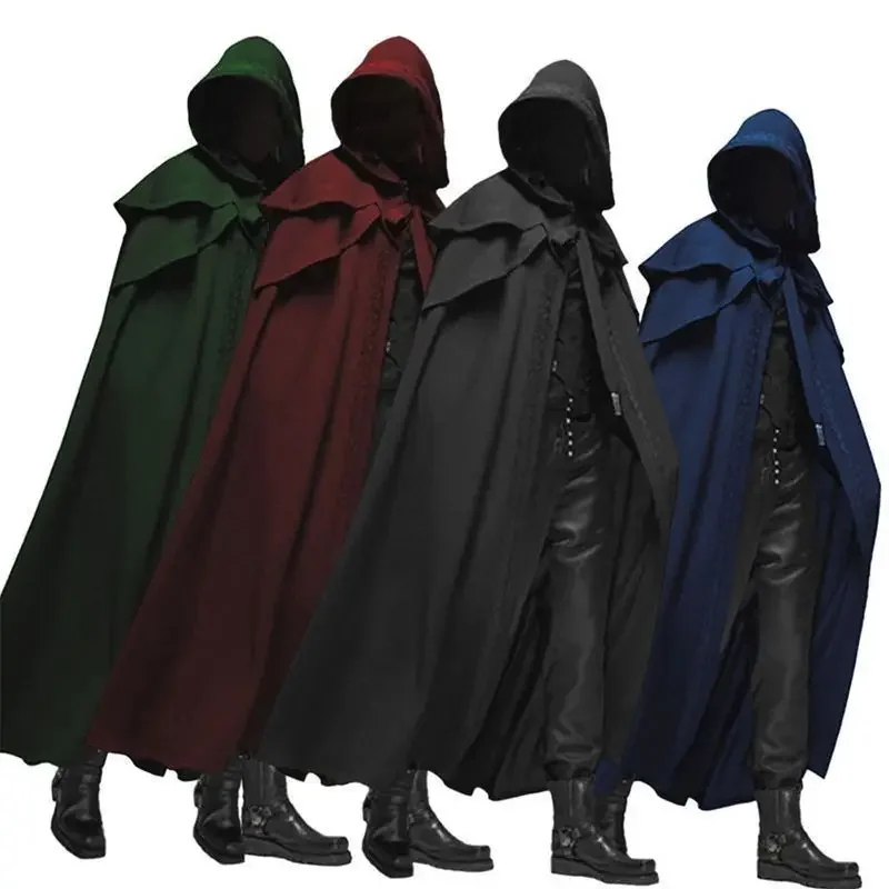 Trench Coat Men - 男性モンクコスプレ衣装 中世ヴィンテージゴシック フード付きルーズブラックロングケープポンチョ トレンチウィンターマントコート ハロウィン
