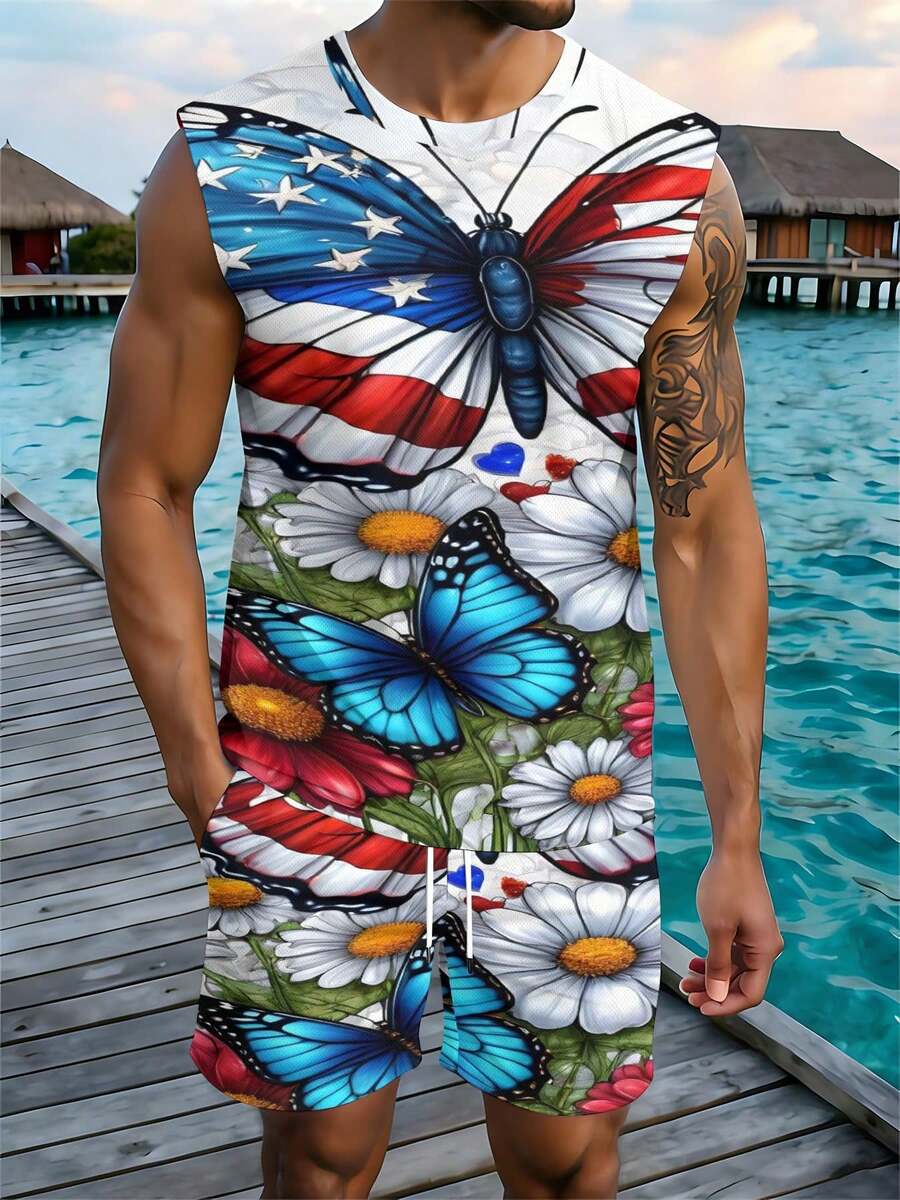 Men'S Fashion - カジュアルファッション2026 欧米春夏秋新作 メンズタンクトップ＆ビーチショーツセット 独立記念日