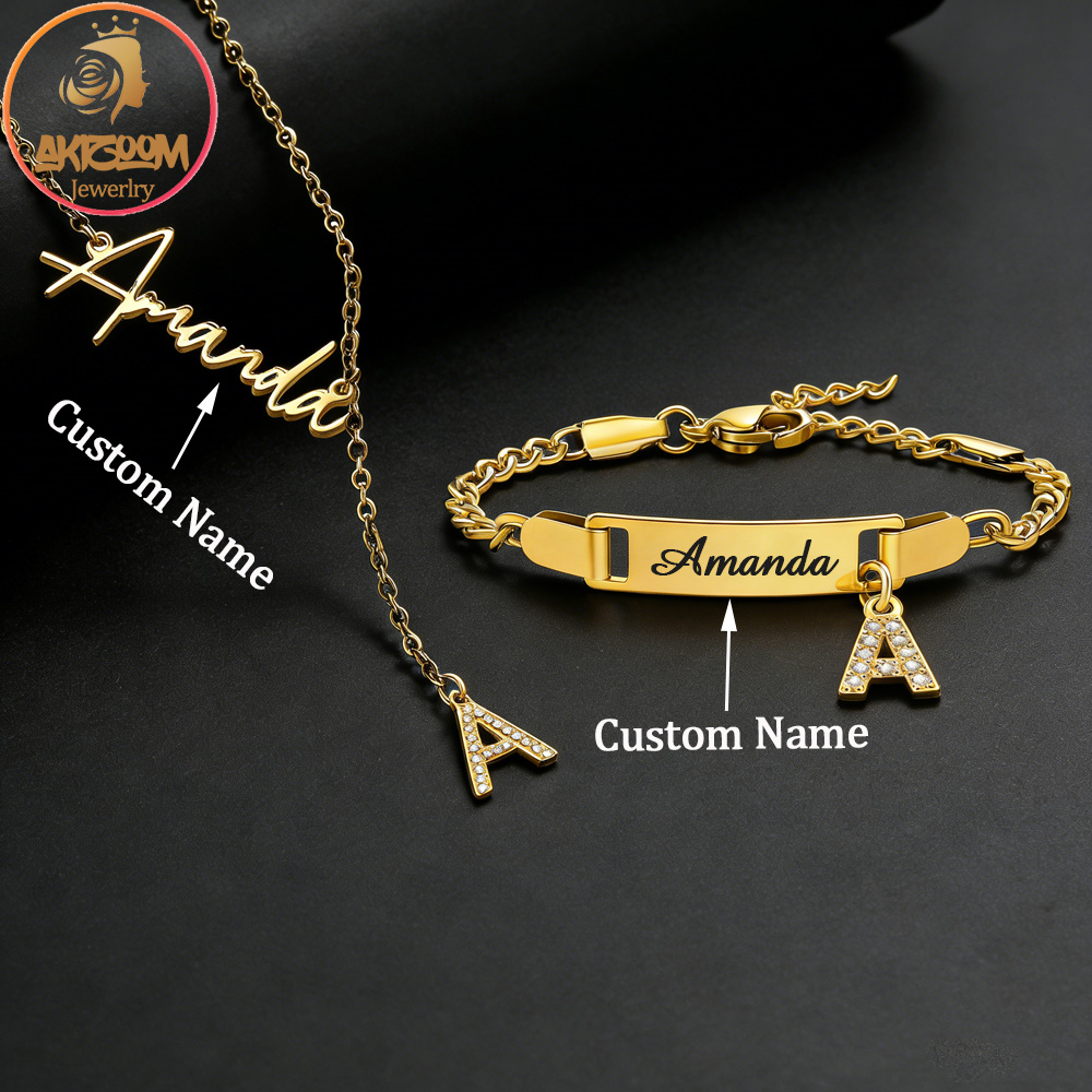 Akizoom カスタム名ジルコンレターネックレスブレスレッ - Men'S Fashion Jewelry Bracelets のレビューと価格