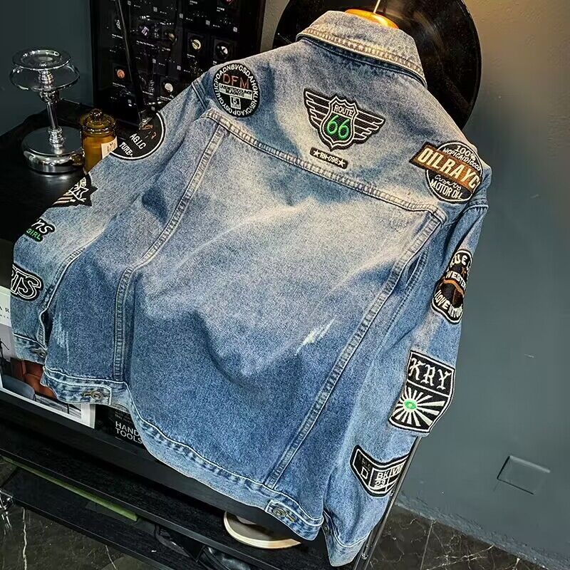 男性ハイストリート刺繍パッチデニムジャケット特大春秋カジュア - Mens Fashion Denim Jacket のレビューと価格