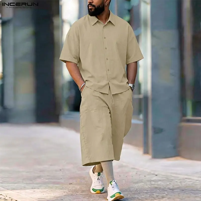 INCERUN メンズセットソリッドラペル半袖シャツパンツツ - Mens Fashion Casual 2026 のレビューと価格