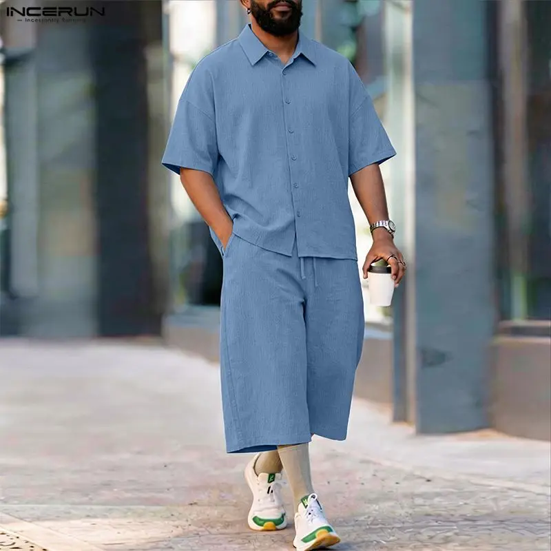 INCERUN メンズセットソリッドラペル半袖シャツパンツツ - Mens Fashion Casual 2026 のレビューと価格
