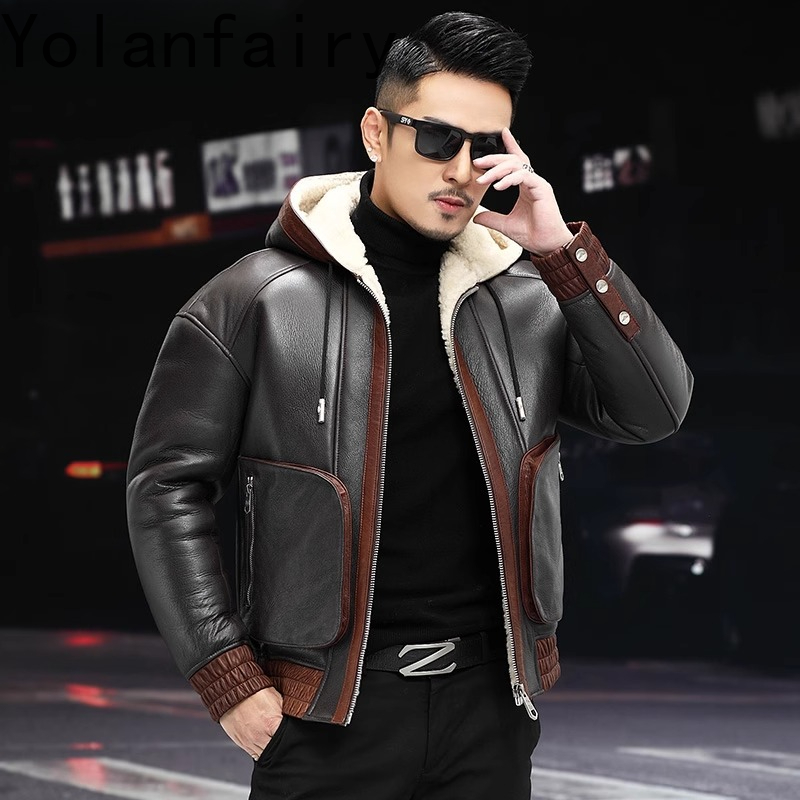 YOLANFAIRY 天然ウール毛皮コート男性フード付き冬の - Men'S Fashion Zipper Jacket のレビューと価格