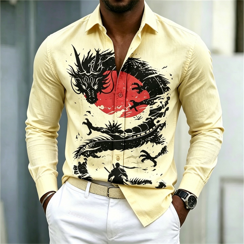 2026年新作 メンズシャツ 白黒赤のコントラスト ドラゴン - Mens Fashion Casual 2026 のレビューと価格