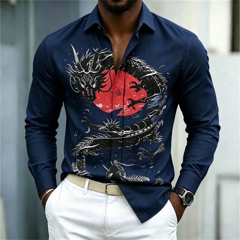 2026年新作 メンズシャツ 白黒赤のコントラスト ドラゴン - Mens Fashion Casual 2026 のレビューと価格