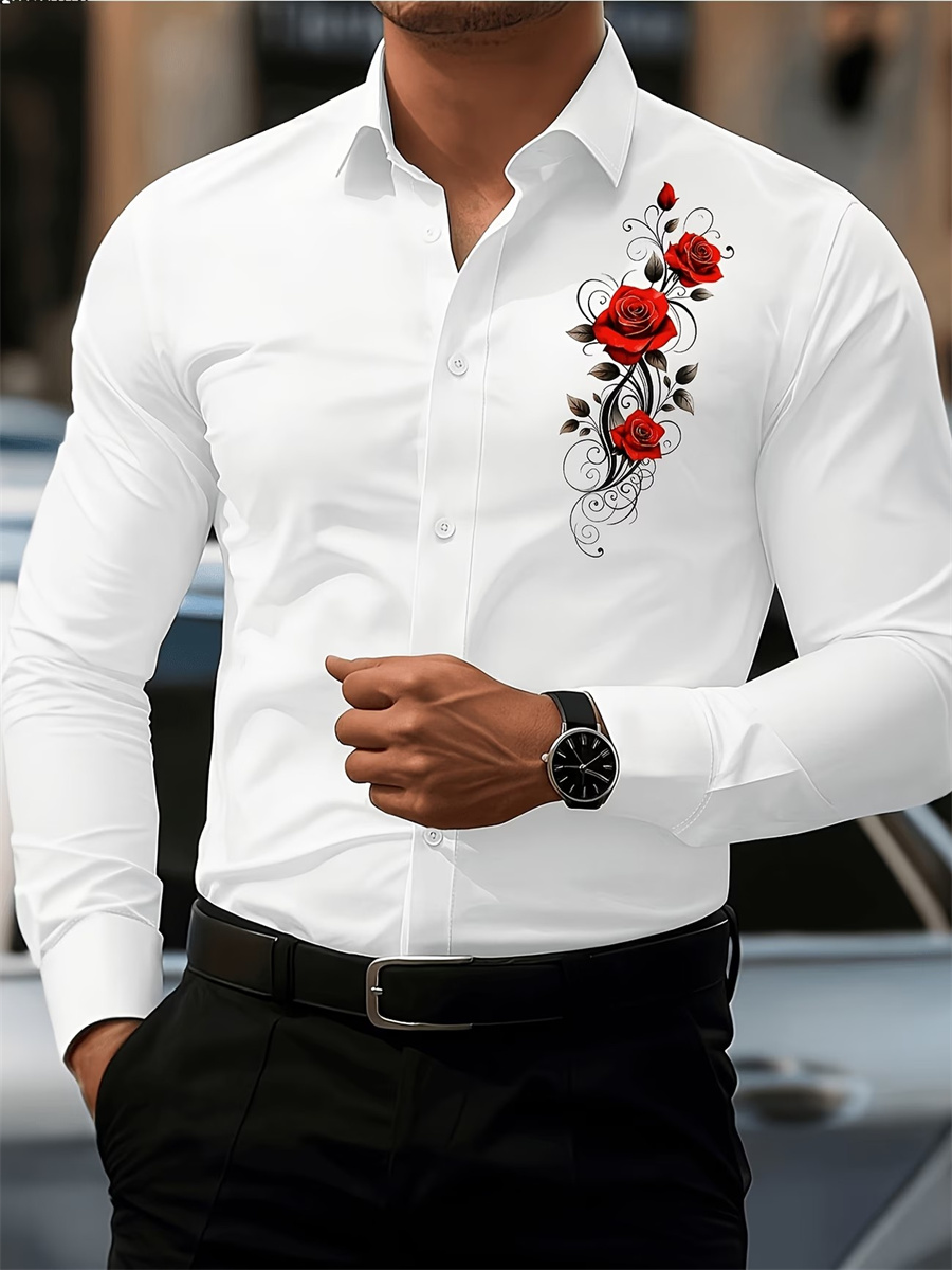 メンズ レッドローズプリント 長袖シャツ、ファッショナブルで - Men'S Fashion のレビューと価格