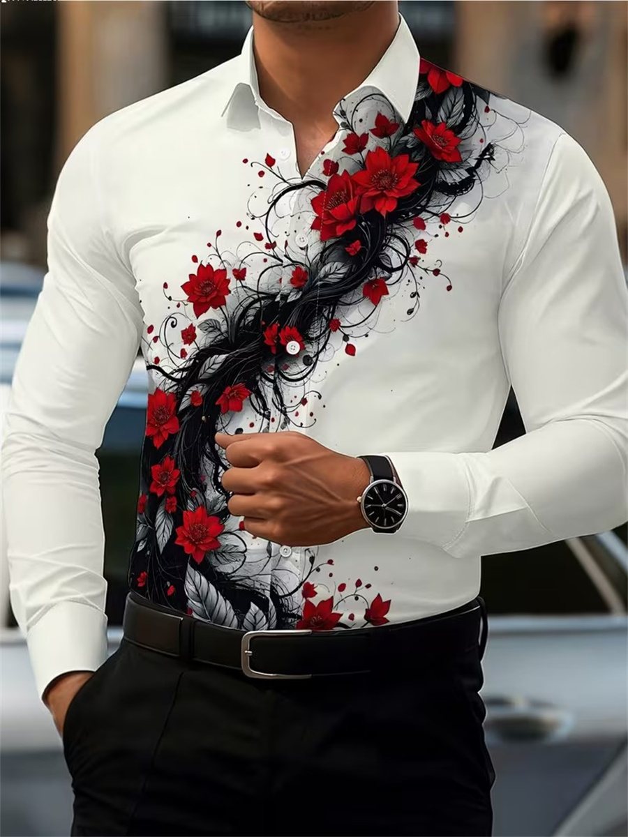 メンズ レッドローズプリント 長袖シャツ、ファッショナブルで - Men'S Fashion のレビューと価格