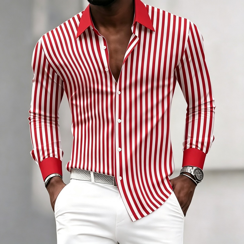 メンズ長袖襟付きシャツ、黒と白の縦縞、コントラストカラーと袖 - Fashion Mens Shirt のレビューと価格