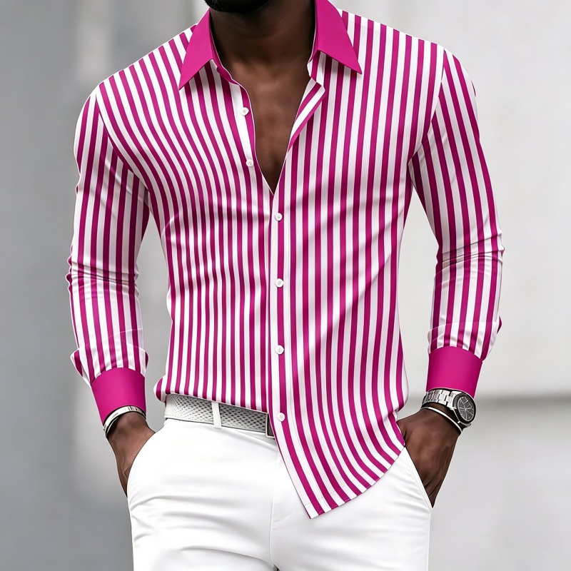 メンズ長袖襟付きシャツ、黒と白の縦縞、コントラストカラーと袖 - Fashion Mens Shirt のレビューと価格